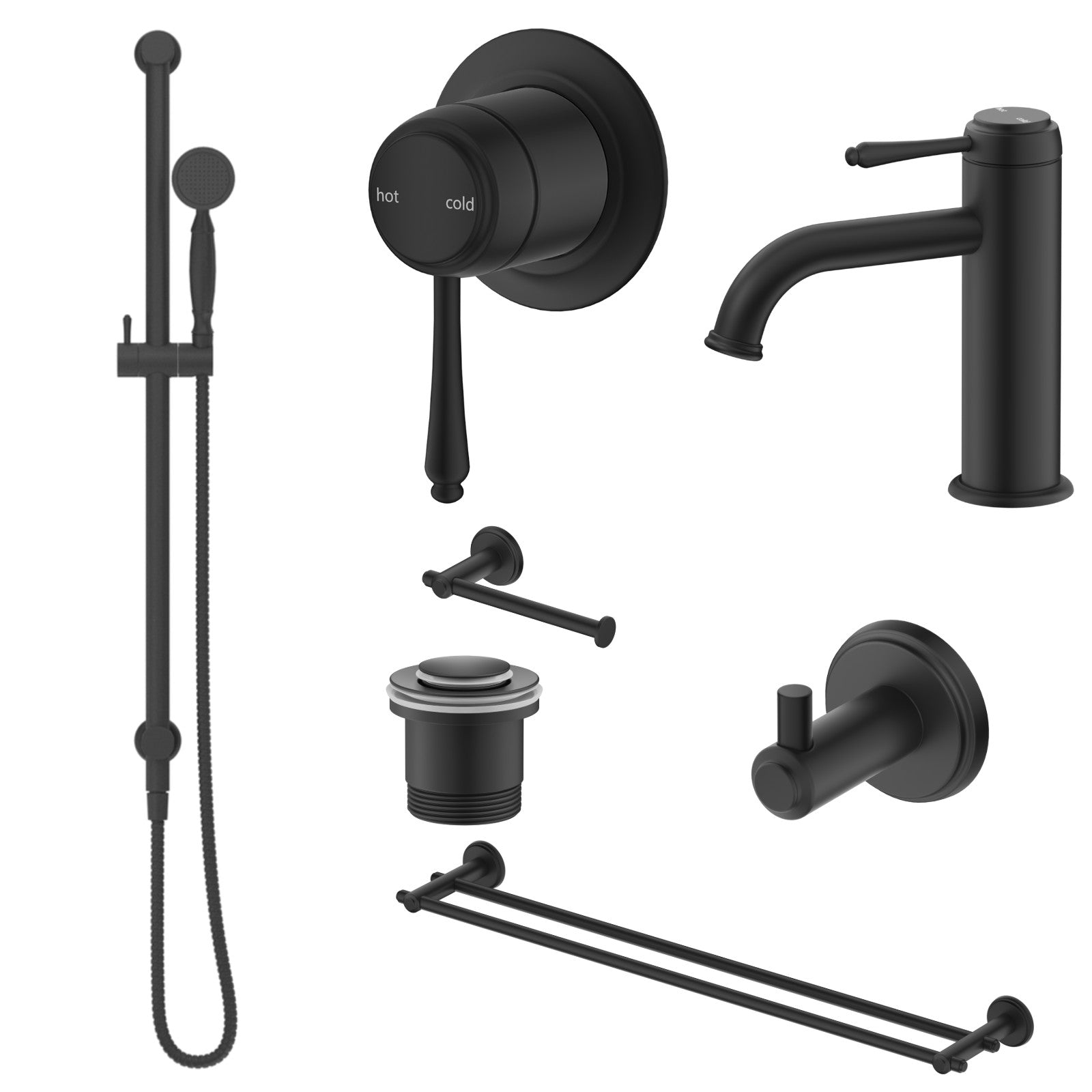 Bella Vista Mica Heritage 8-Piece Bathroom Package Builder - Matte Black: every piece in the package