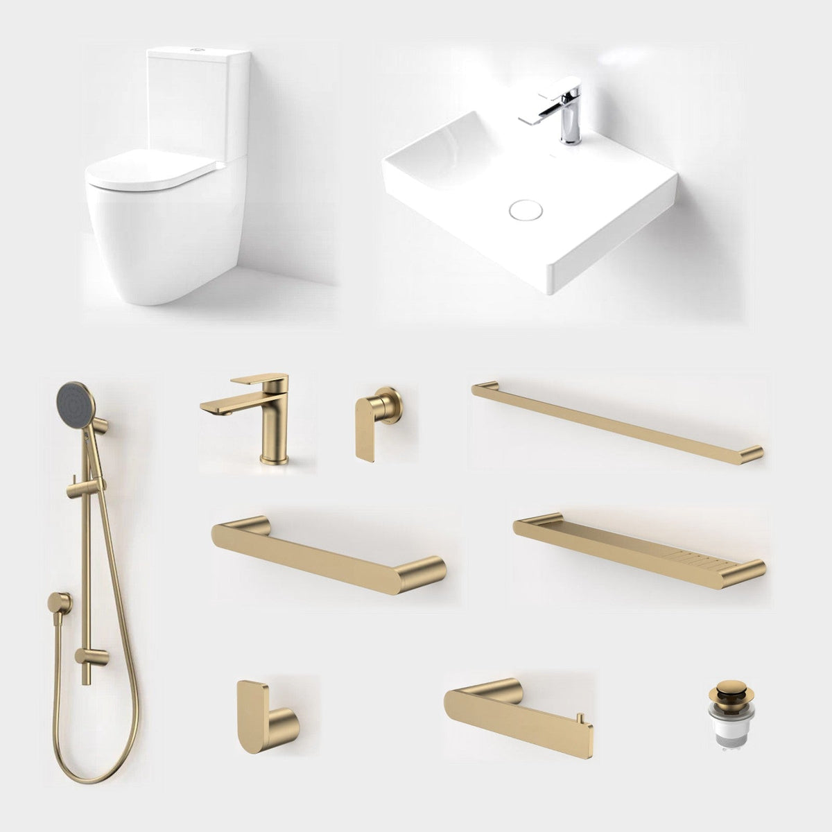 Caroma Urbane II 11-Piece Bathroom Package with Toilet - Brushed Brass: every piece in the package