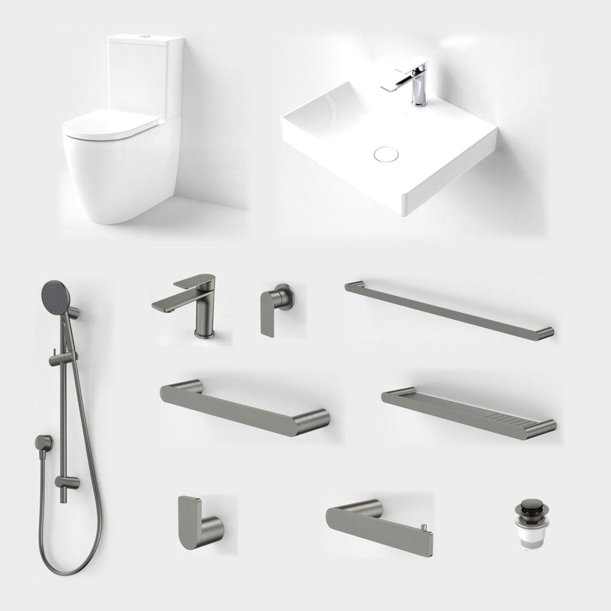 Caroma Urbane II 11-Piece Bathroom Package with Toilet - Gunmetal: every piece in the package