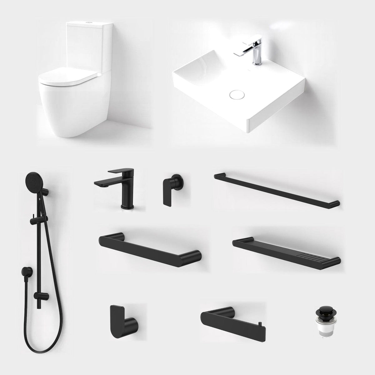 Caroma Urbane II 11-Piece Bathroom Package with Toilet - Matte Black: every piece in the package