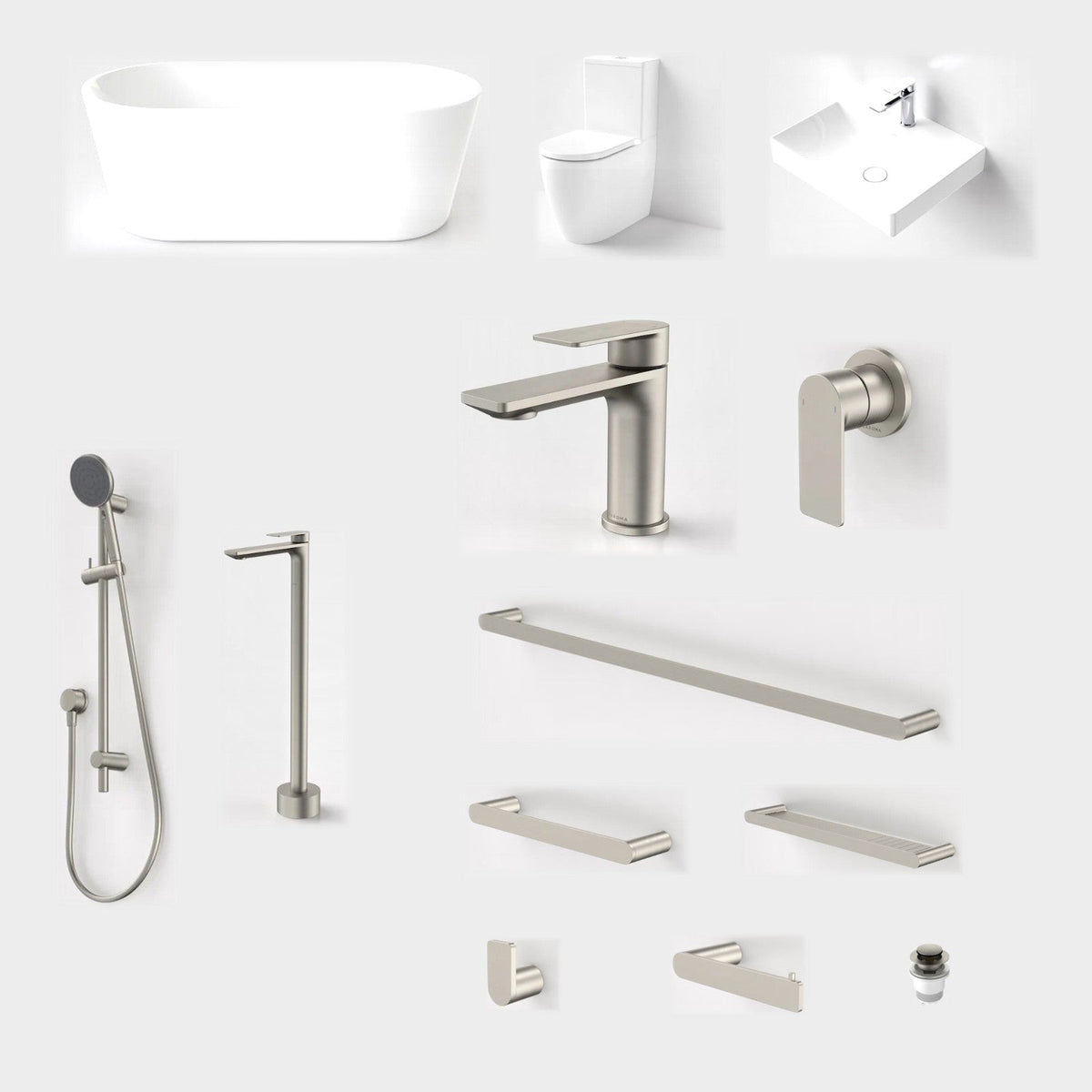 Caroma Urbane II 14-Piece Bathroom Package with Bath - Brushed Nickel: every piece in the package