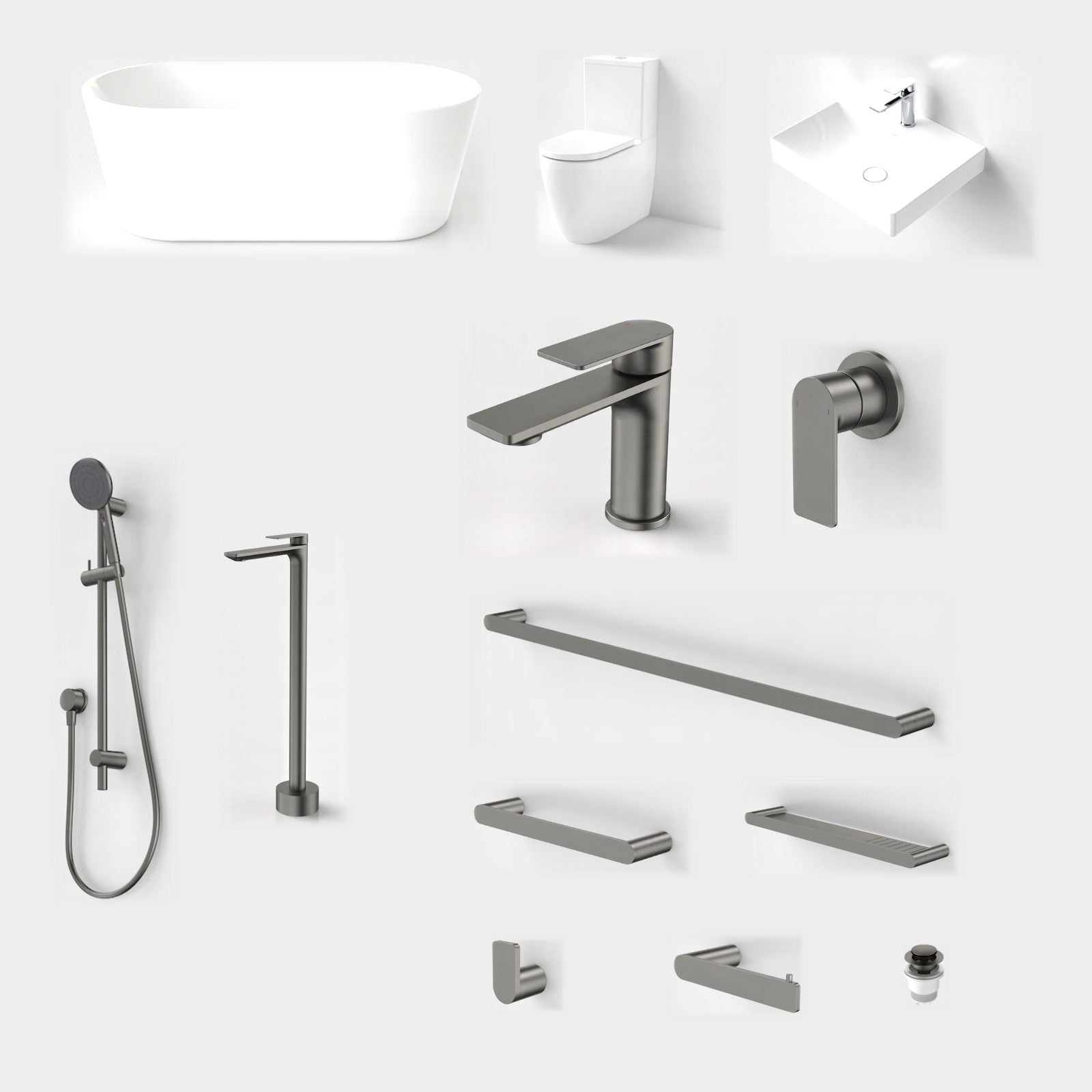 Caroma Urbane II 14-Piece Bathroom Package with Bath - Gunmetal: every piece in the package