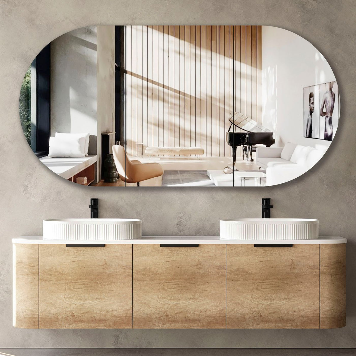 Otti Bondi Wall Hung Curve Vanity | Natural Oak & Black Oak | 600 / 750 / 900 / 1200 / 1500 / 1800 MM