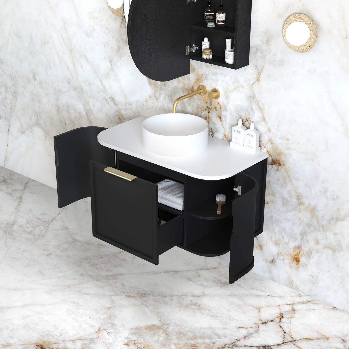 Otti Hampshire Wall Hung Curve Vanity | Satin Black