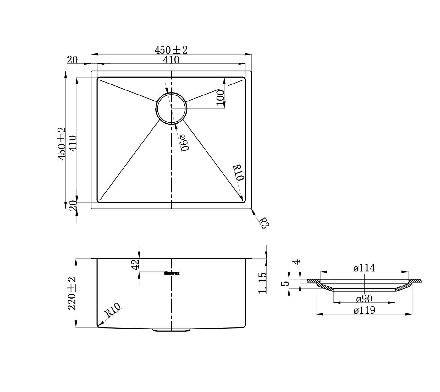 Otti Axon Sink 45S 450x450x220 — Argent Gold