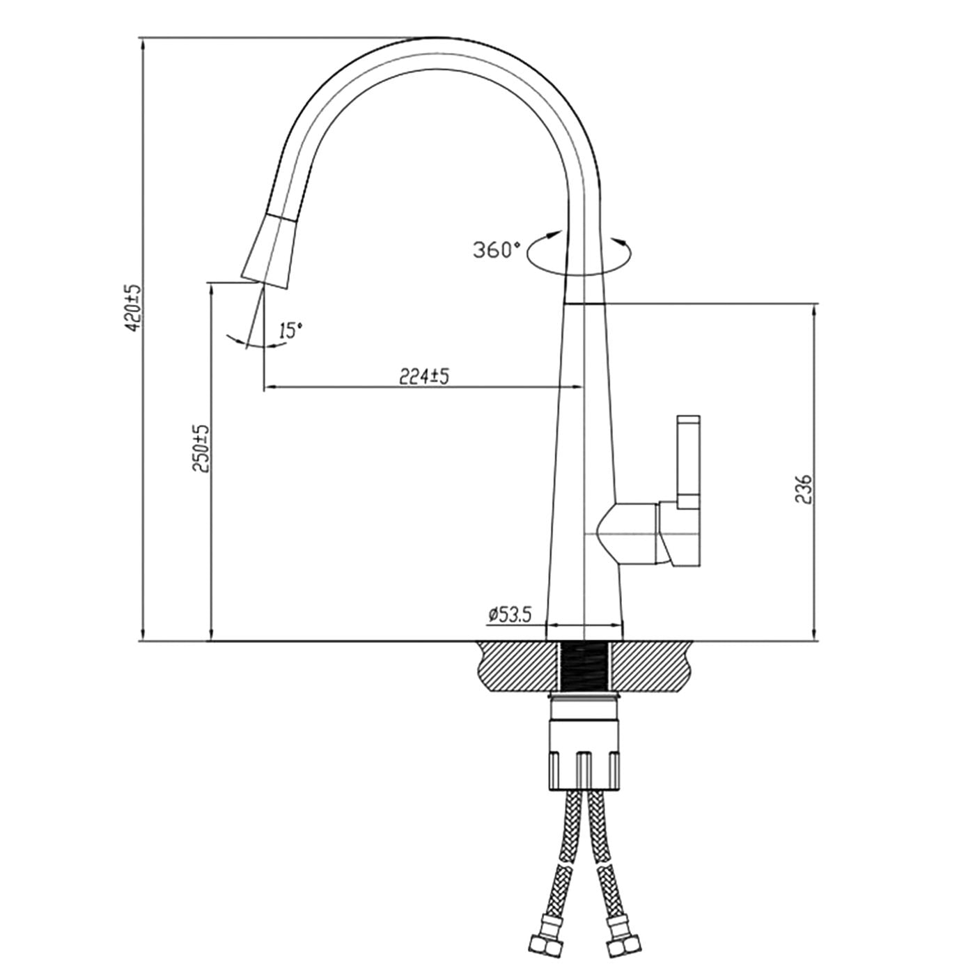 Otti Pull Out Kitchen Mixer 420mm — Brushed Nickel