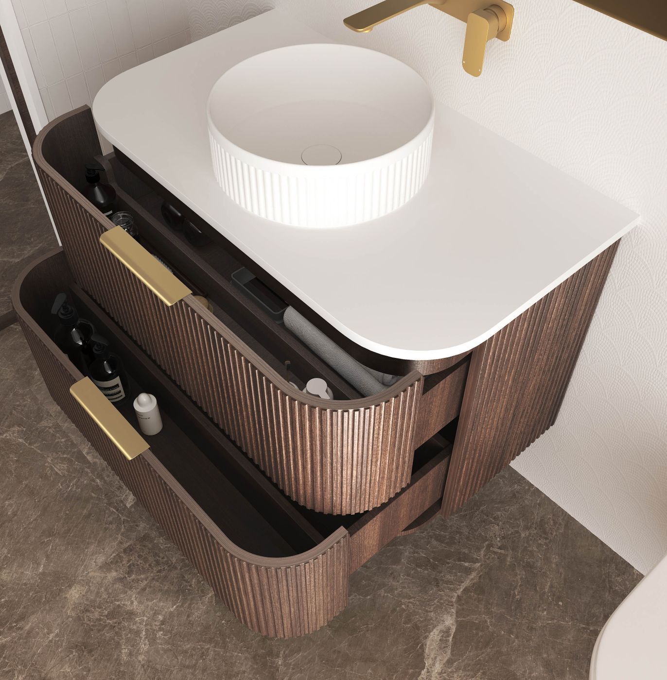 Otti Havana Fluted Wall Hung Curve Vanity | Sable Walnut
