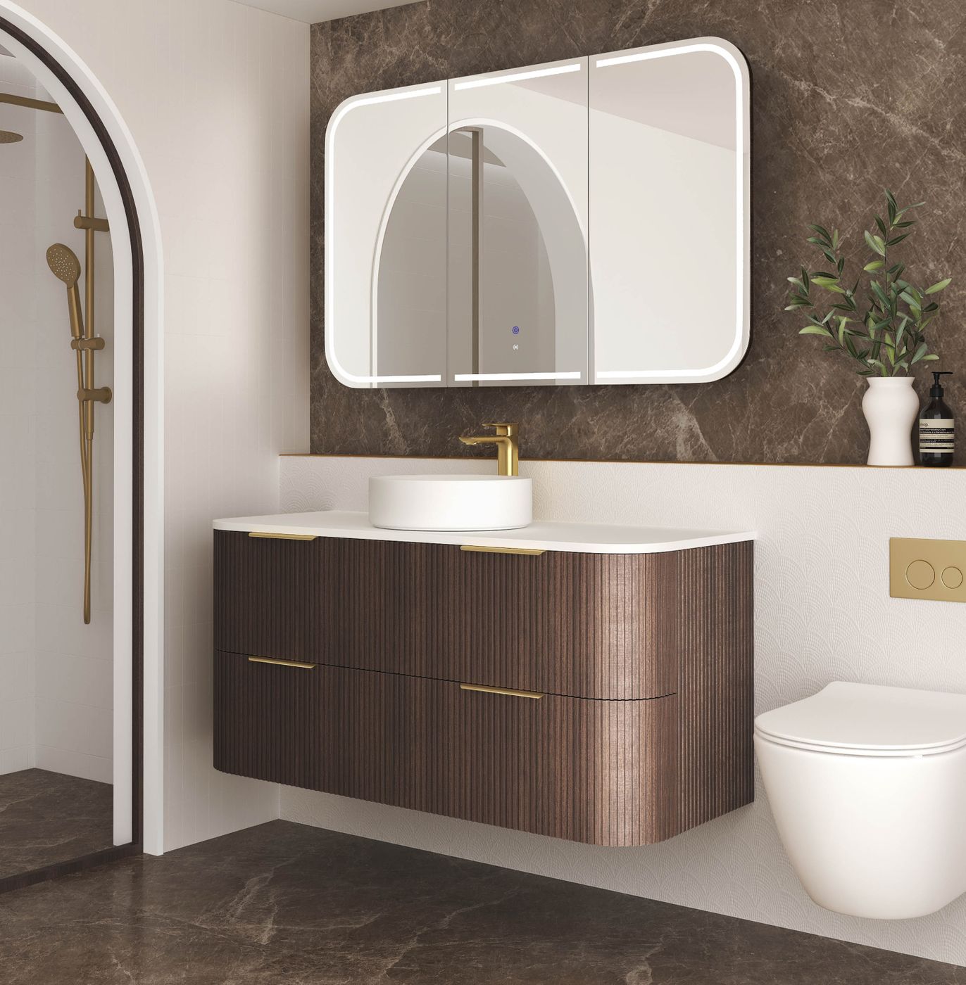 Otti Havana Fluted Wall Hung Curve Vanity | Sable Walnut