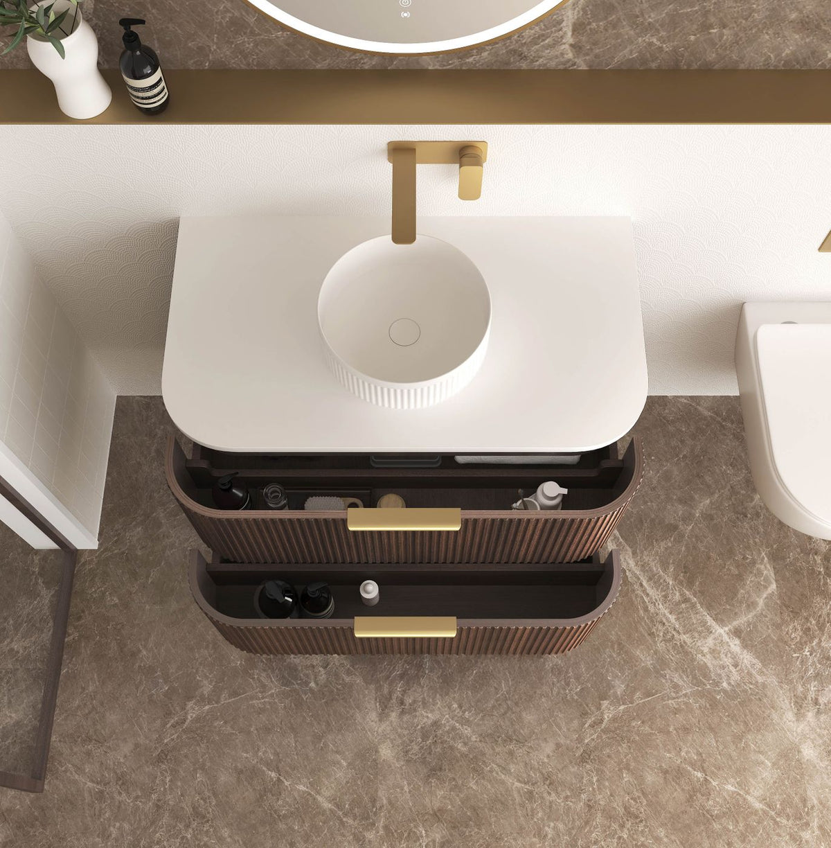 Otti Havana Fluted Wall Hung Curve Vanity | Sable Walnut