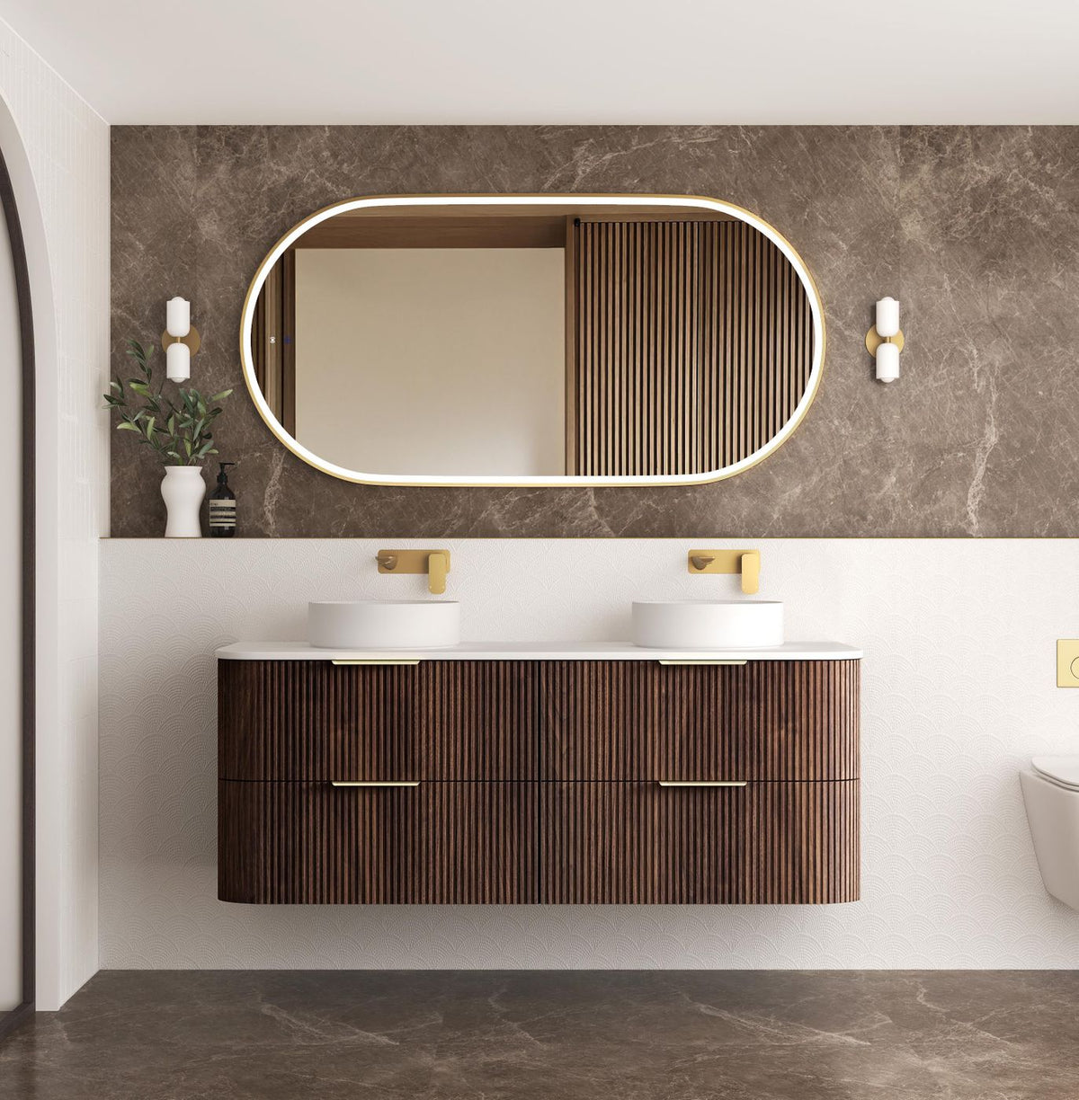 Otti Havana Fluted Wall Hung Curve Vanity | Sable Walnut