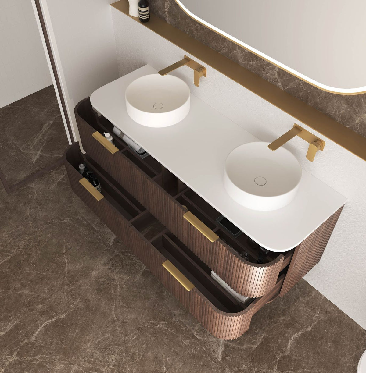 Otti Havana Fluted Wall Hung Curve Vanity | Sable Walnut