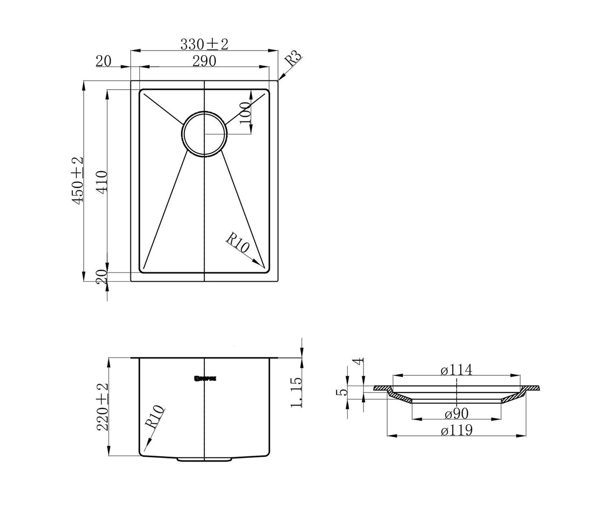Otti Axon Sink 33S 330x450x220 — Gun Metal