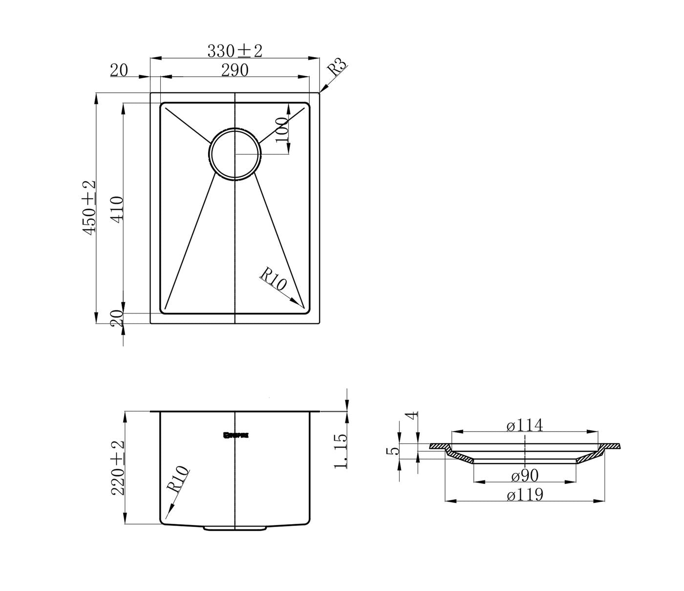 Otti Axon Sink 33S 330x450x220 — Chrome