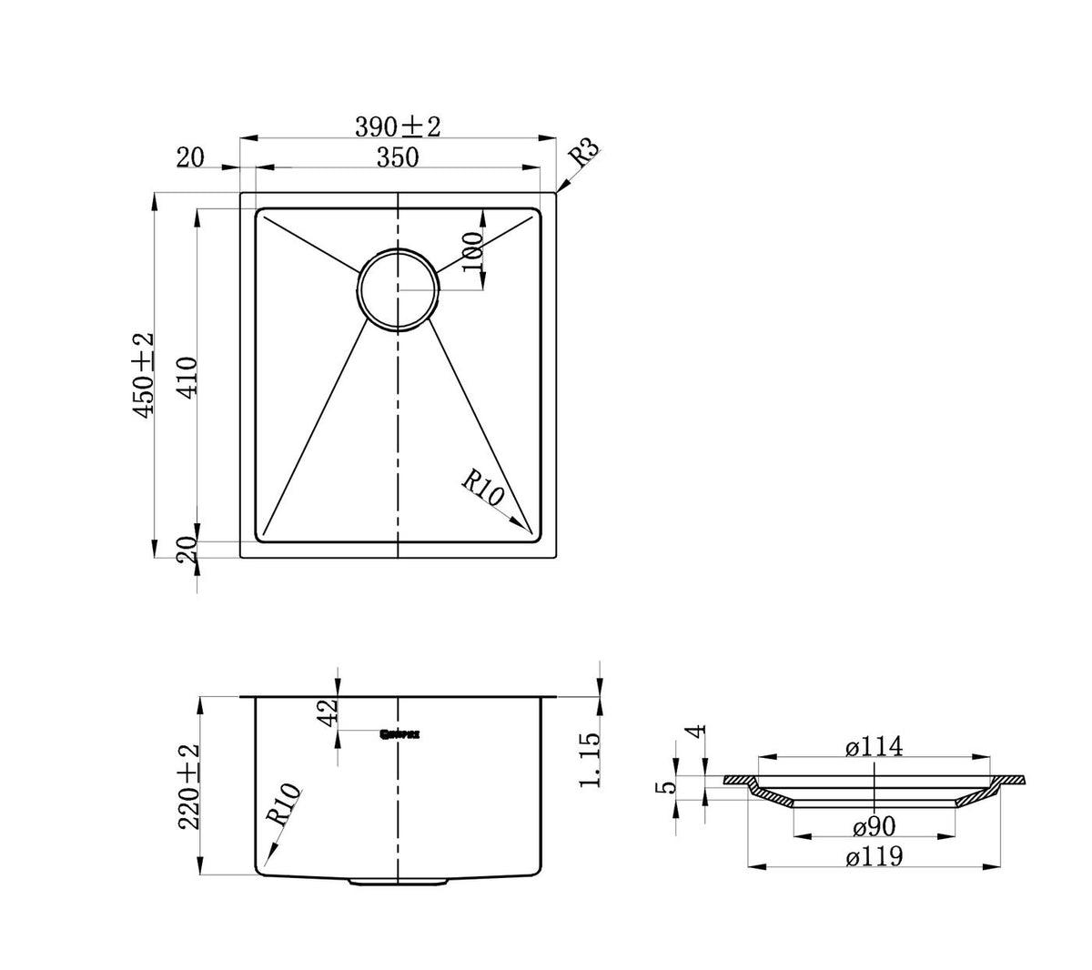 Otti Axon Sink 39S 390x450x220 — Argent Gold