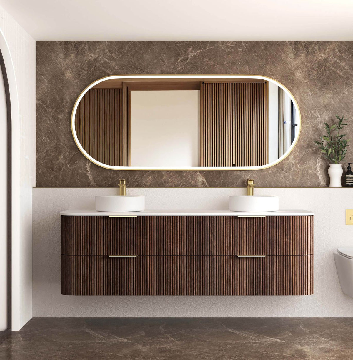 Otti Havana Fluted Wall Hung Curve Vanity | Sable Walnut