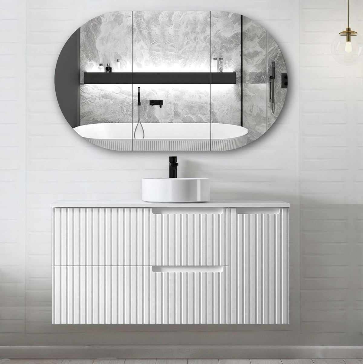 Otti Noosa Fluted Satin White Wall Hung Vanity