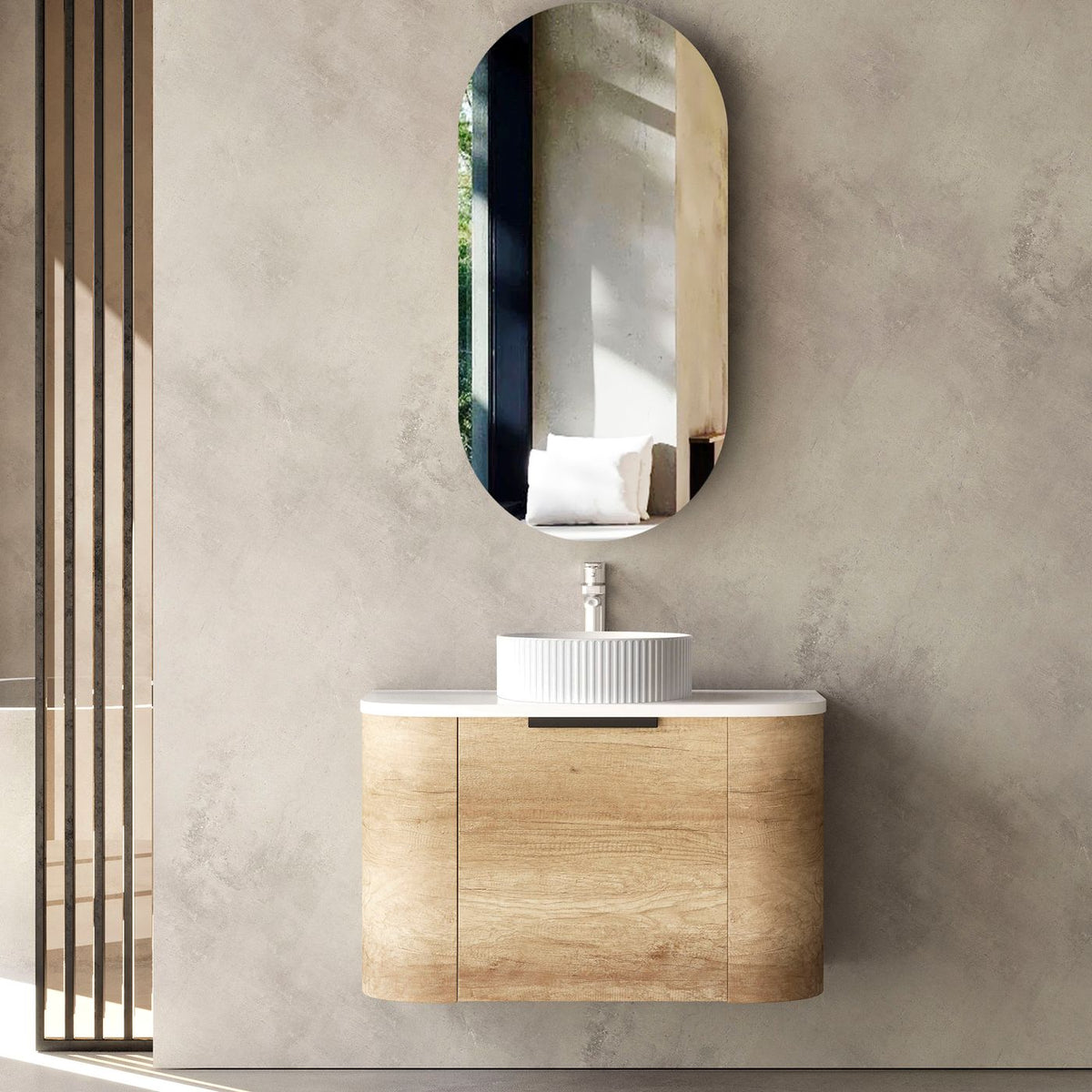 Otti Bondi Wall Hung Curve Vanity | Natural Oak & Black Oak