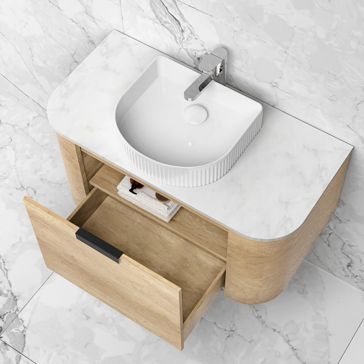 Otti Bondi Wall Hung Curve Vanity | Natural Oak & Black Oak