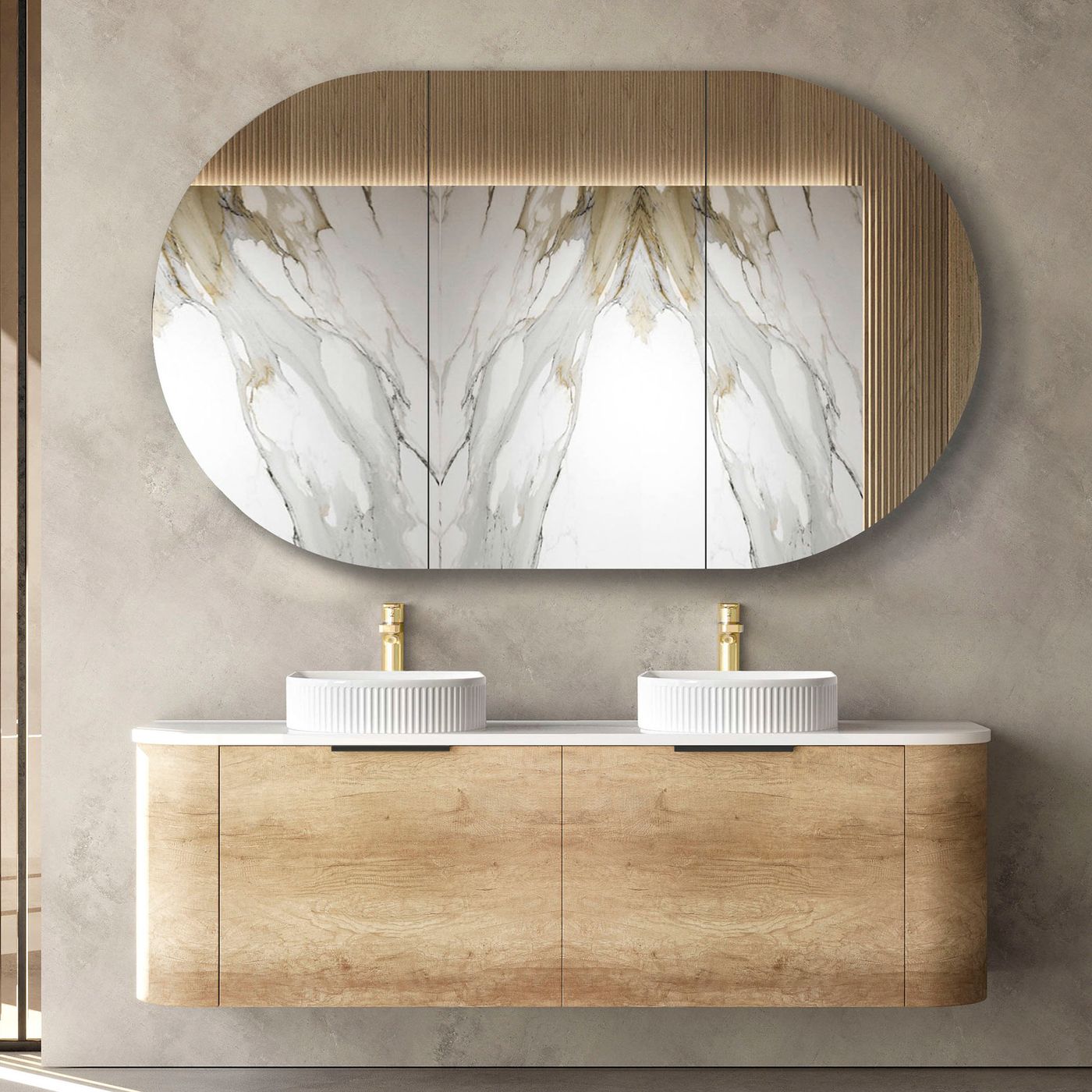Otti Bondi Wall Hung Curve Vanity | Natural Oak & Black Oak