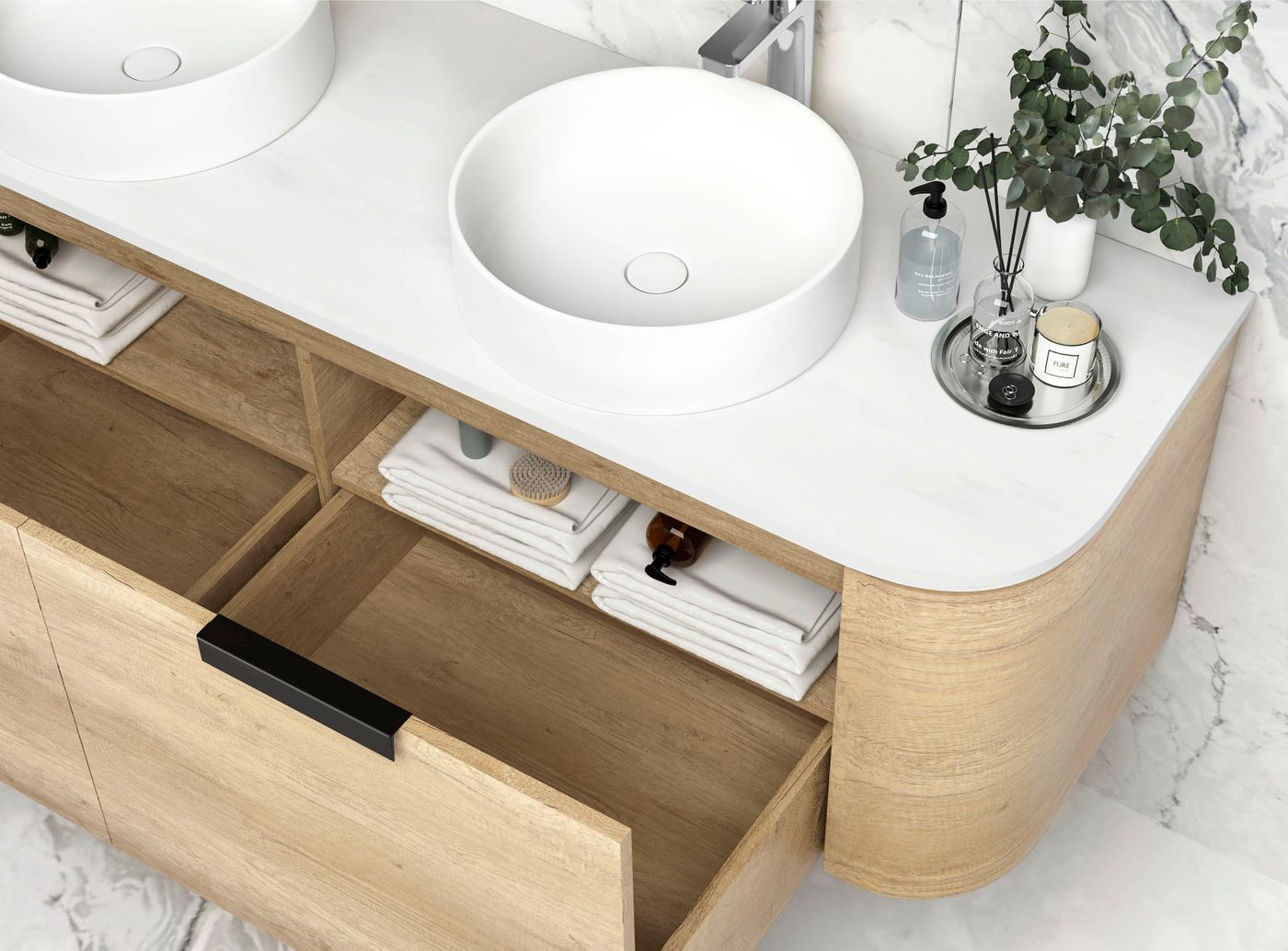 Otti Bondi Wall Hung Curve Vanity | Natural Oak & Black Oak