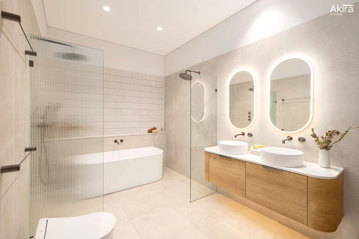 Otti Bondi Wall Hung Curve Vanity | Natural Oak & Black Oak