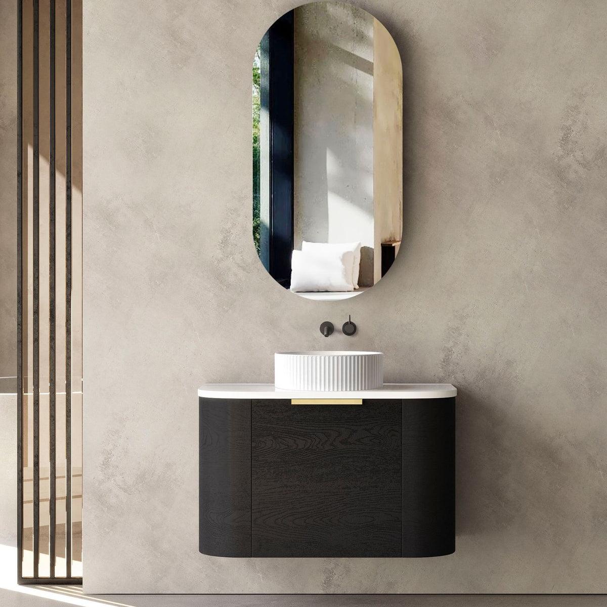 Otti Bondi Wall Hung Curve Vanity | Natural Oak & Black Oak