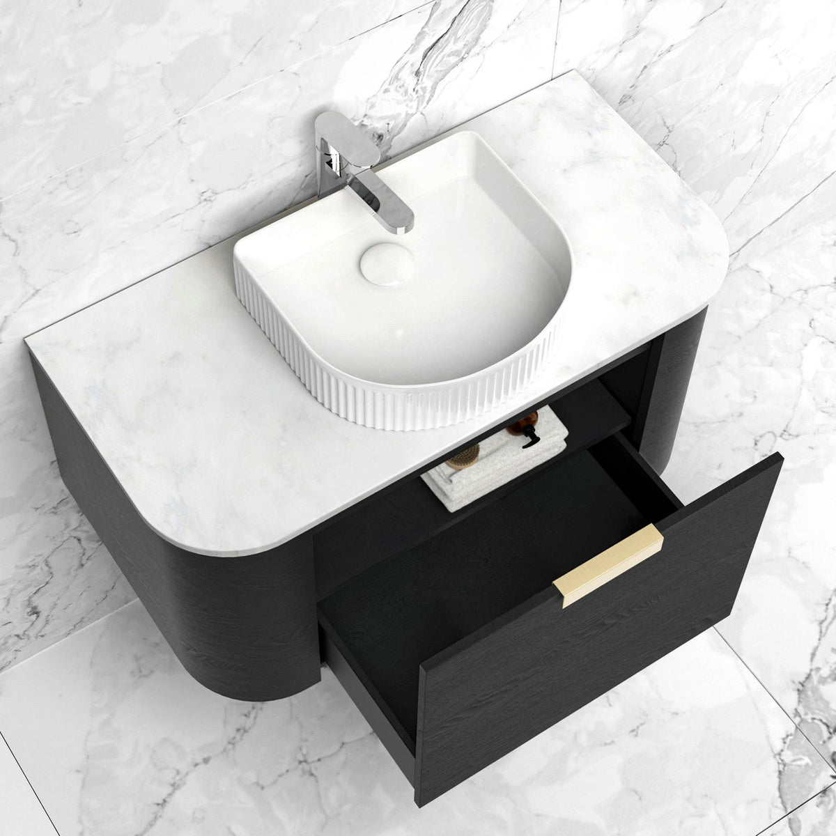Otti Bondi Wall Hung Curve Vanity | Natural Oak & Black Oak
