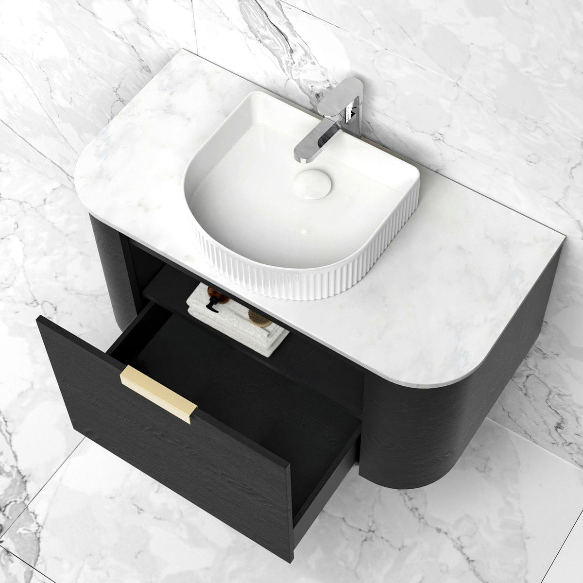 Otti Bondi Wall Hung Curve Vanity | Natural Oak & Black Oak