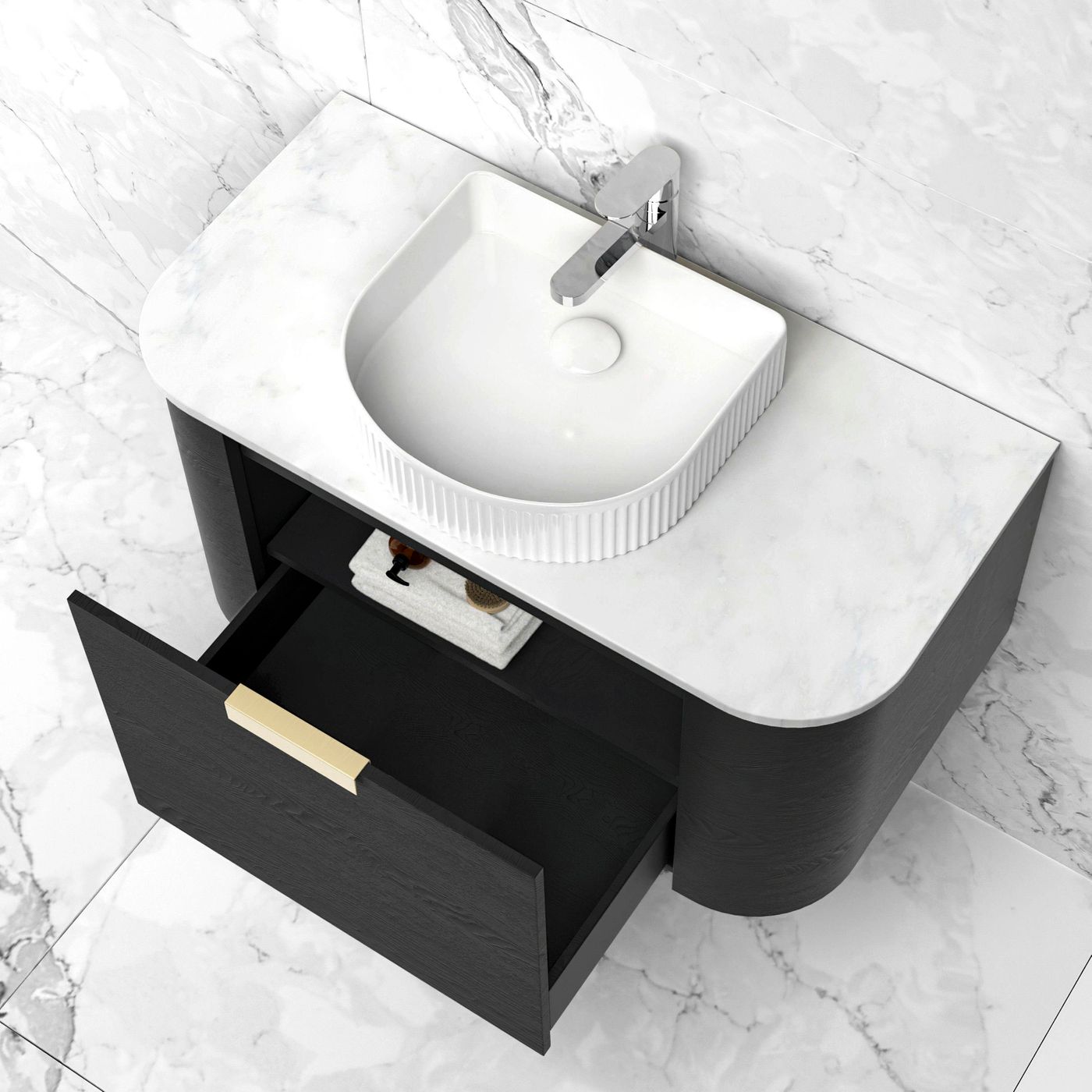 Otti Bondi Wall Hung Curve Vanity | Natural Oak & Black Oak