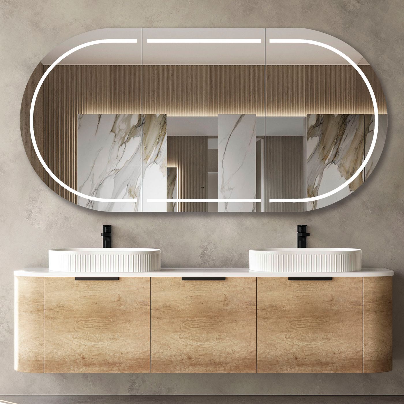 Otti Bondi Wall Hung Curve Vanity | Natural Oak & Black Oak