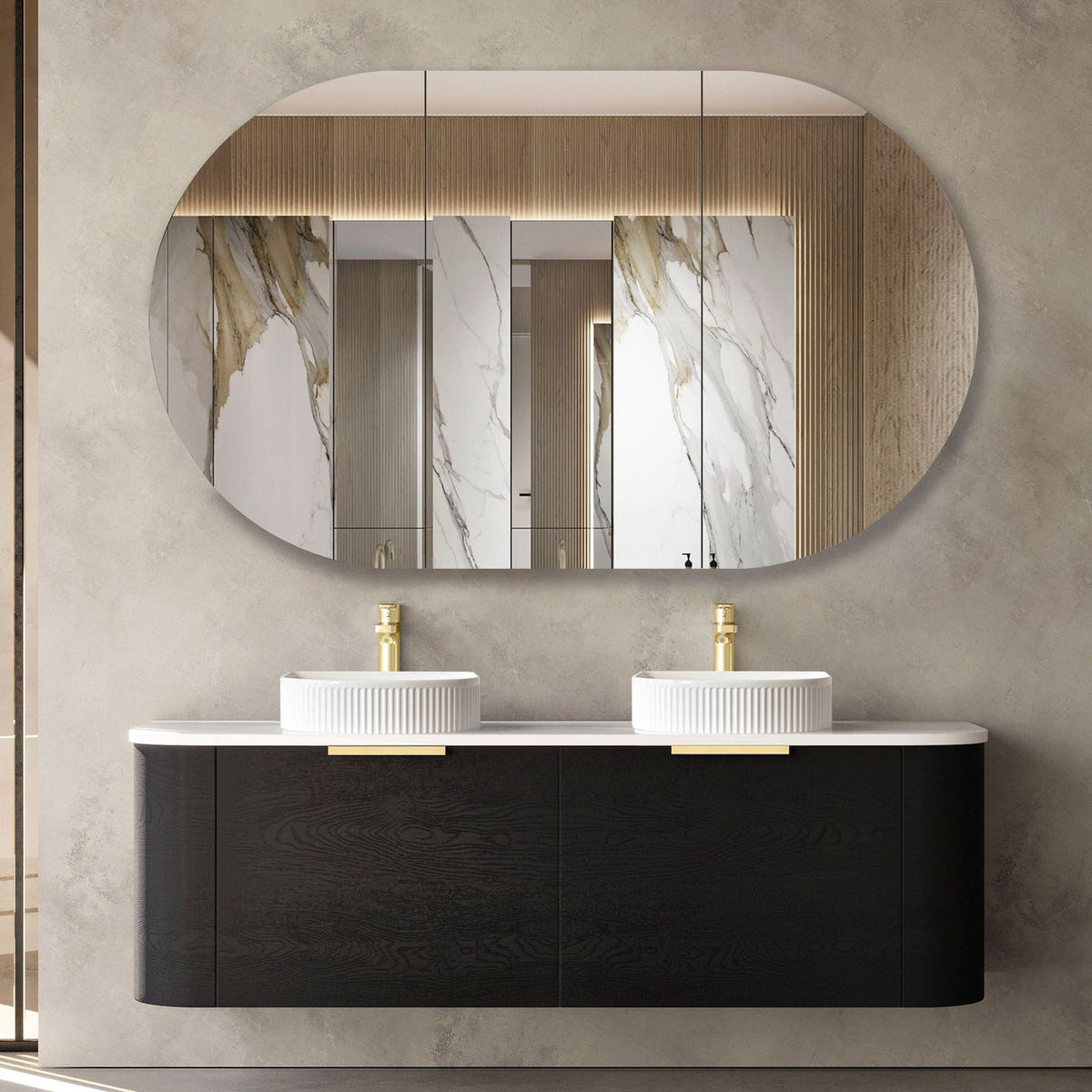 Otti Bondi Wall Hung Curve Vanity | Natural Oak & Black Oak