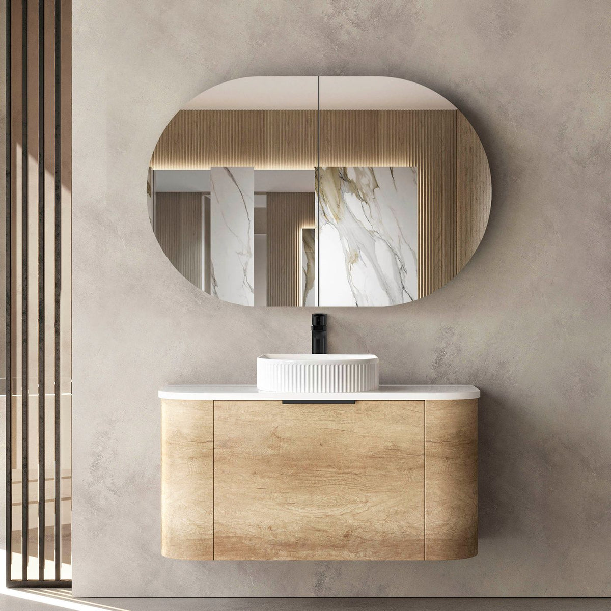 Otti Bondi Wall Hung Curve Vanity | Natural Oak & Black Oak