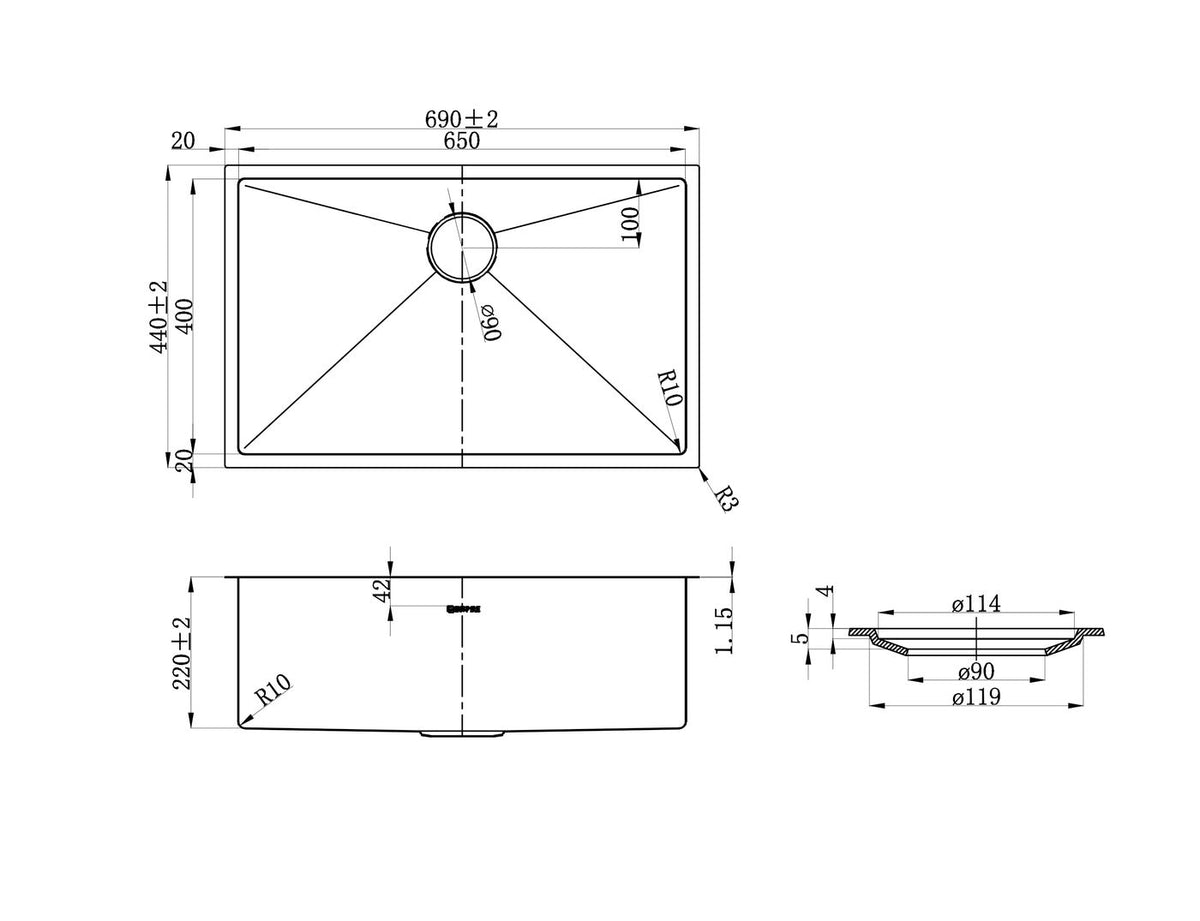 Otti Axon Sink 69S 690x440x220 — Chrome