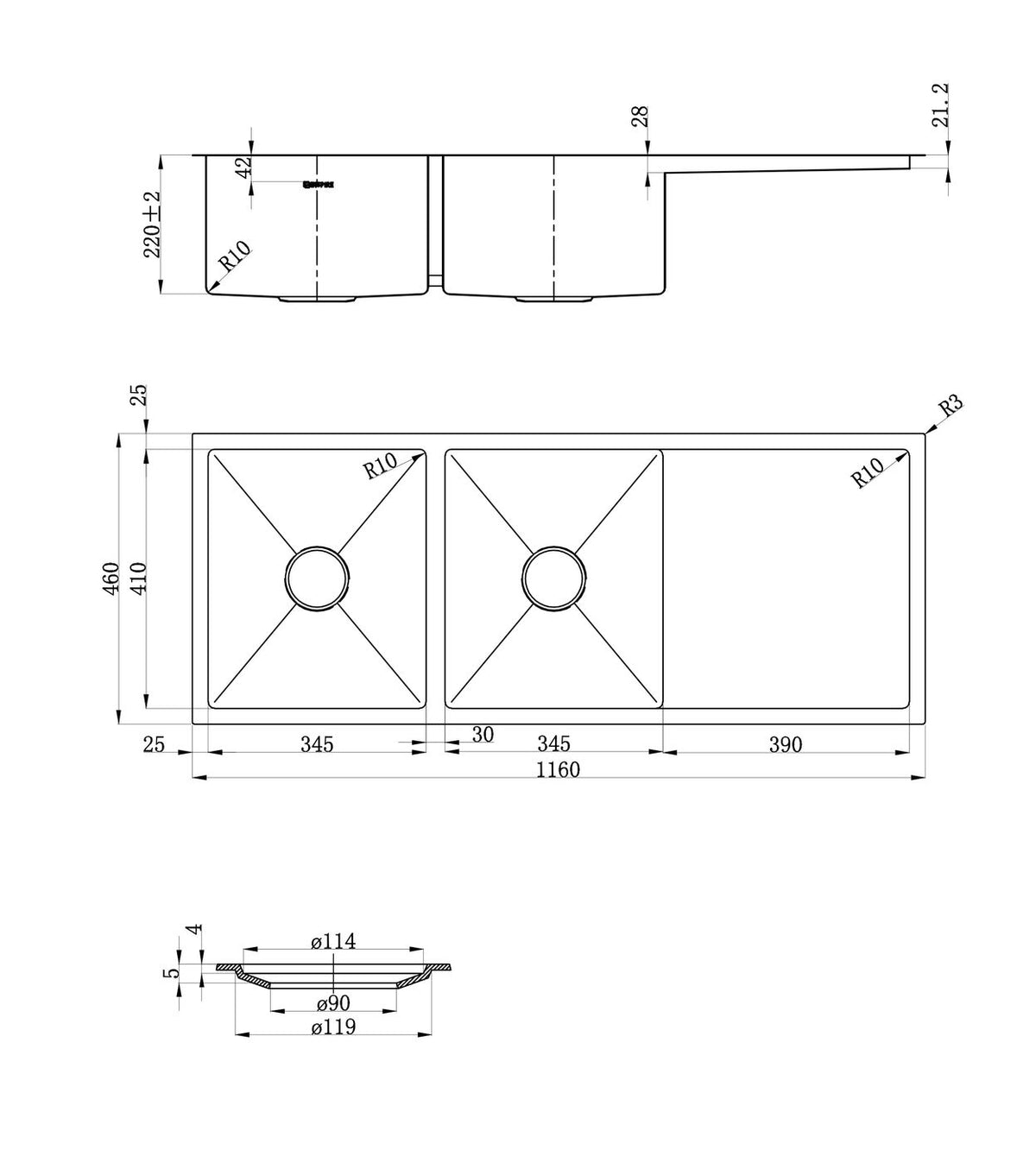 Otti Axon Sink 116S 1160x460x220 — Chrome