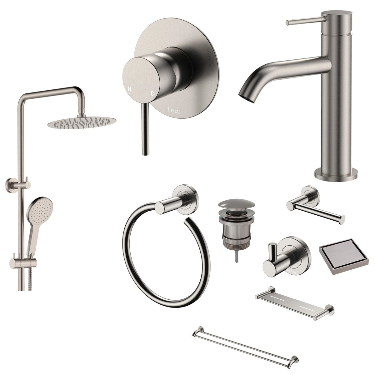 Fienza Kaya 10-Piece Bathroom Package - Brushed Nickel: every piece in the package