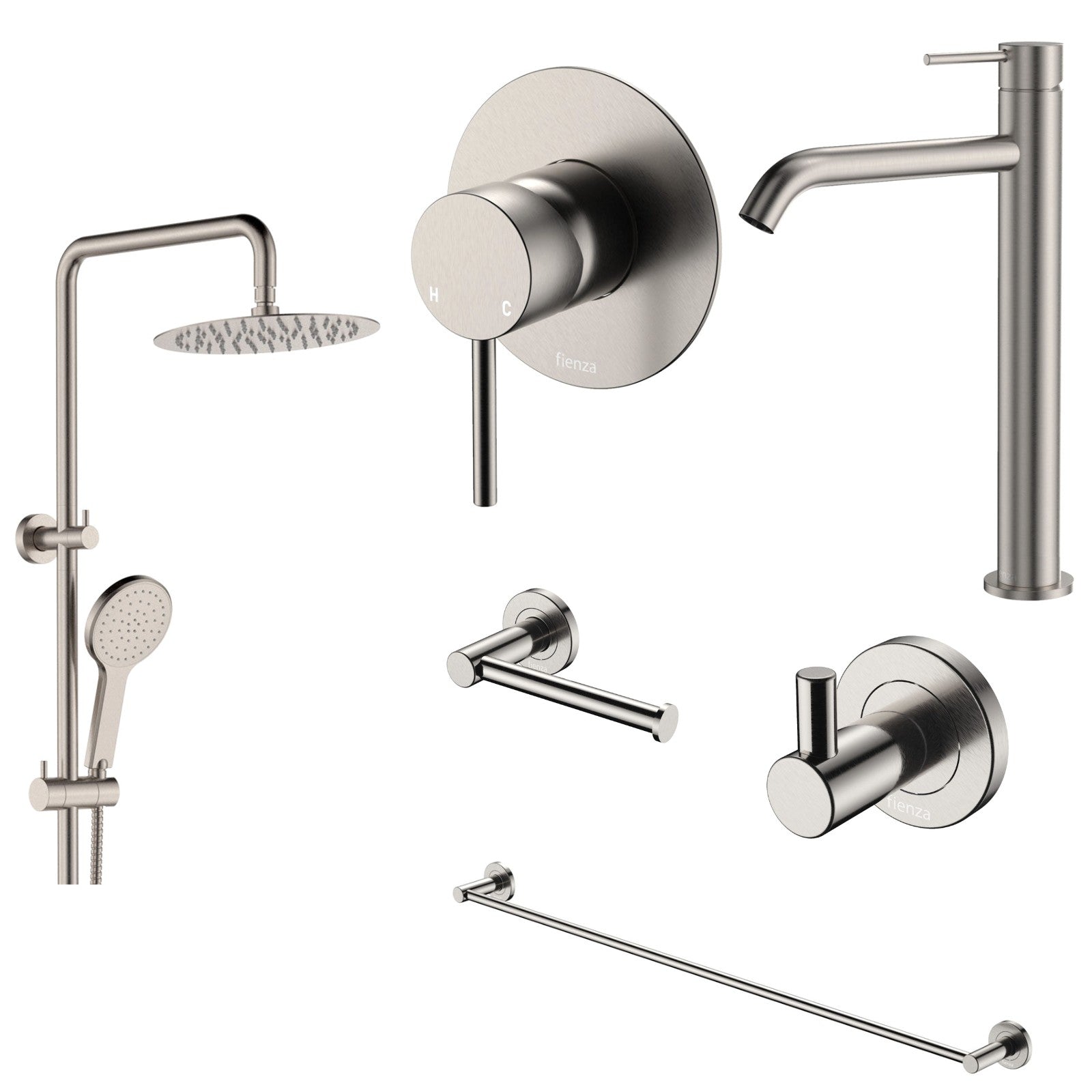 Fienza Kaya 6-Piece Bathroom Package - Brushed Nickel: every piece in the package