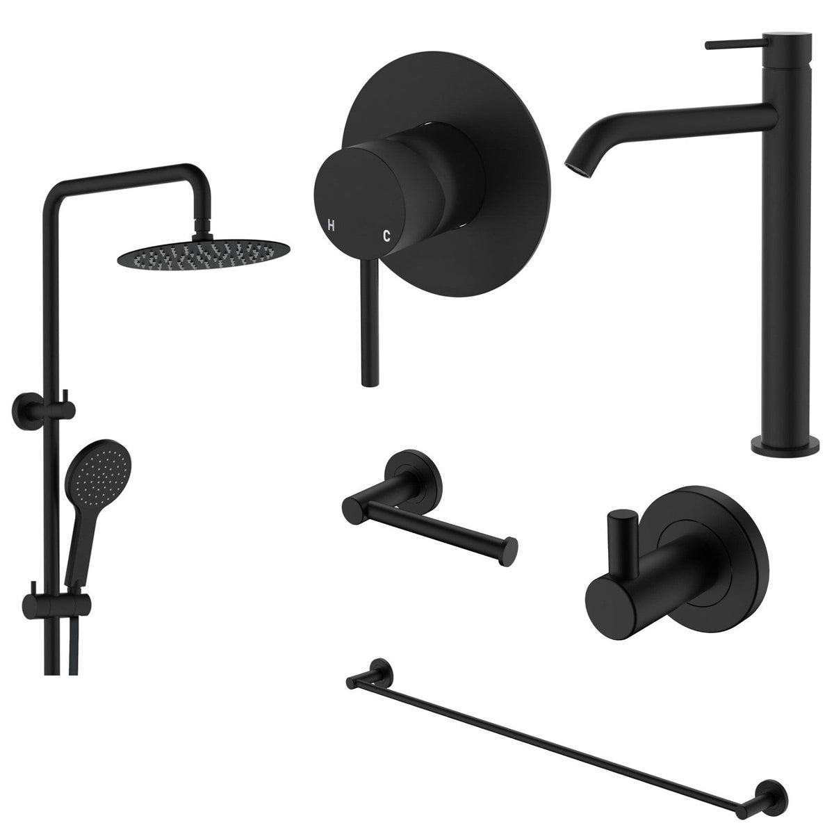 Fienza Kaya 6-Piece Bathroom Package - Matte Black: every piece in the package
