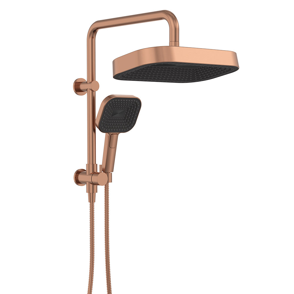 Fienza Kuro Twin Half-Rail Shower, Soft Square Head, Brushed Copper