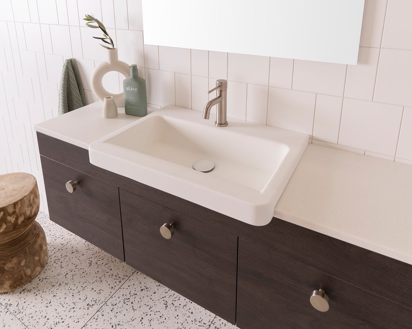 ADP Glacier Semi-Recessed Door & Drawer Trio Floor Mount Vanity 900mm, cast marble top