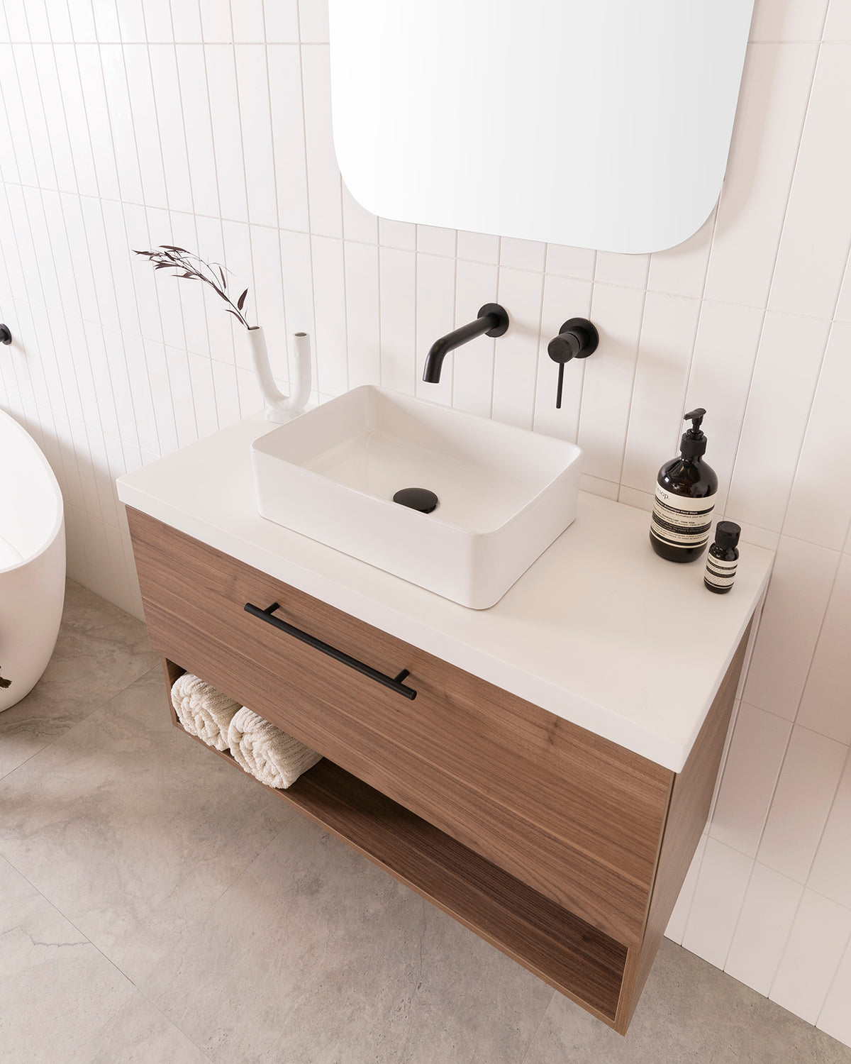 ADP Glacier vanity: Selma above-counter basin. Soul Groove Wall Mixer and Spout in Matte Black.