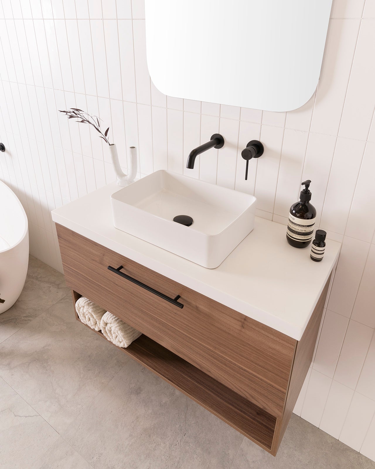 ADP Glacier vanity: Selma above-counter basin. Soul Groove Wall Mixer and Spout in Matte Black.