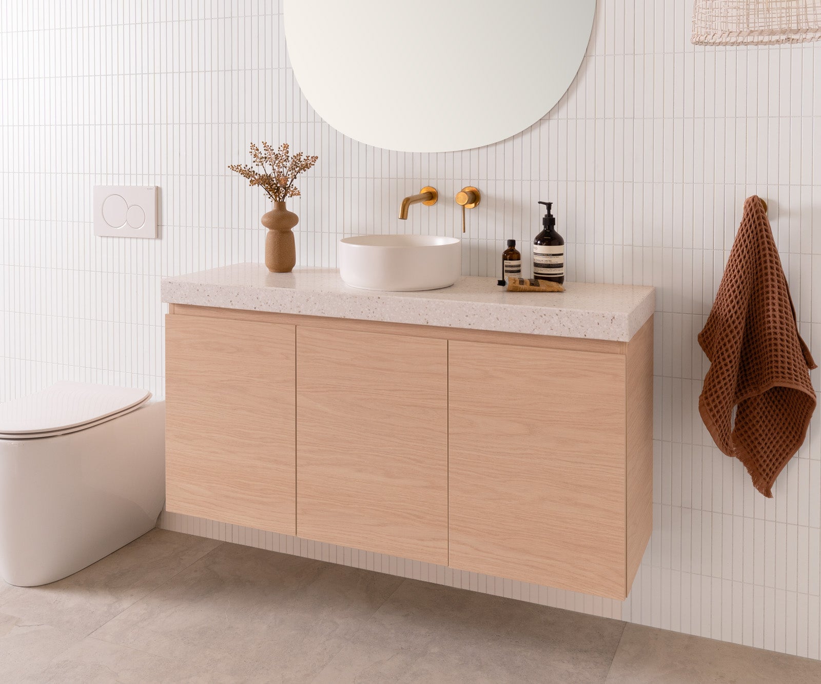 Glacier Ensuite, All-Door, Twin 1200 Centre Bowl, Blonde Oak cabinet finish, 60mm Winter Woods Durasein benchtop Orb Mirror 900x900 Maggie Above Counter basin, Matte White