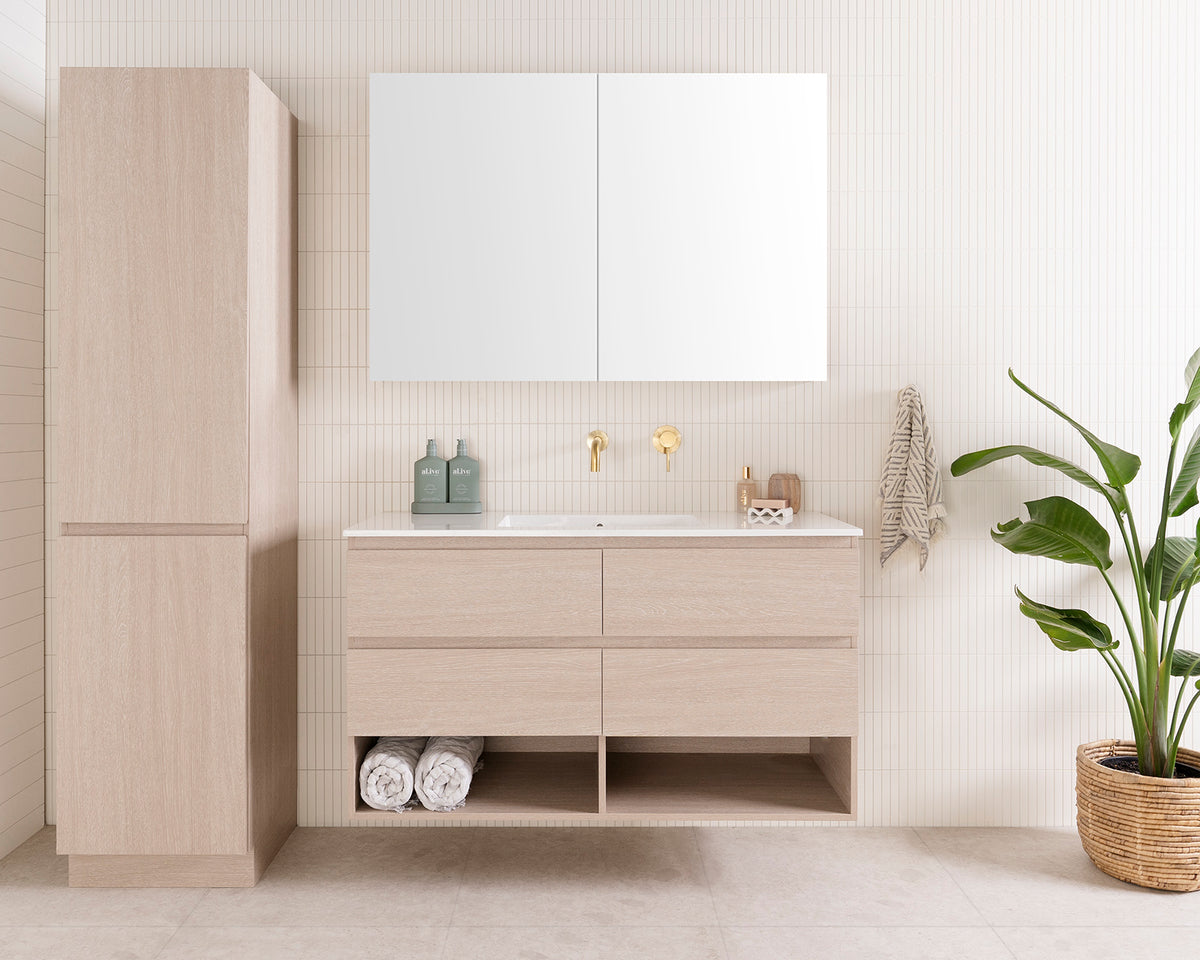 Glacier Full Depth, Shelf, Twin Wall Hung, 1200 Centre Bowl. Coastal Oak Woodmatt cabinet finish. Cast Marble moulded top. Glacier Mirrored Cabinet, 1200 2 door. Glacier Hamper Tallboy, Floor Mount.