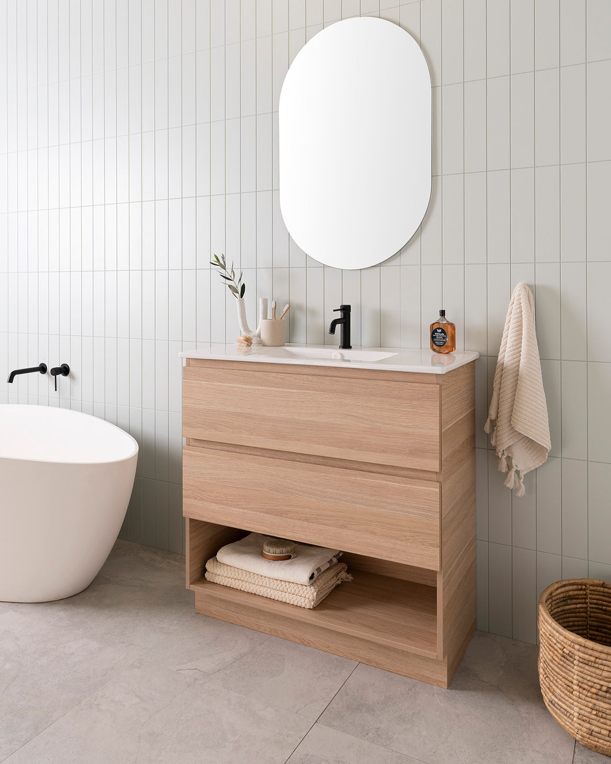 Glacier Ensuite Shelf, Twin Floor Mount, 900 Centre Bowl. Natural Oak Woodmatt cabinet finish, Ceramic Moulded Top.