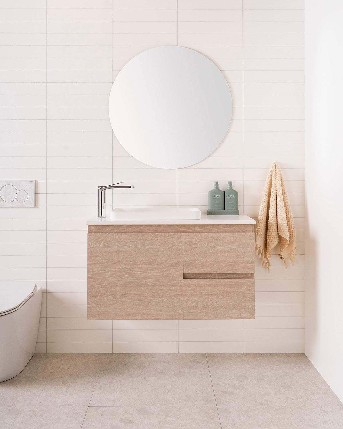 Glacier Pro Ensuite, Door & Drawer, Twin 900 Left Hand Bowl. Coastal Oak Woodmatt cabinet finish. 20mm Bright White Cherry Pie benchtop. Faith Semi-Inset basin.