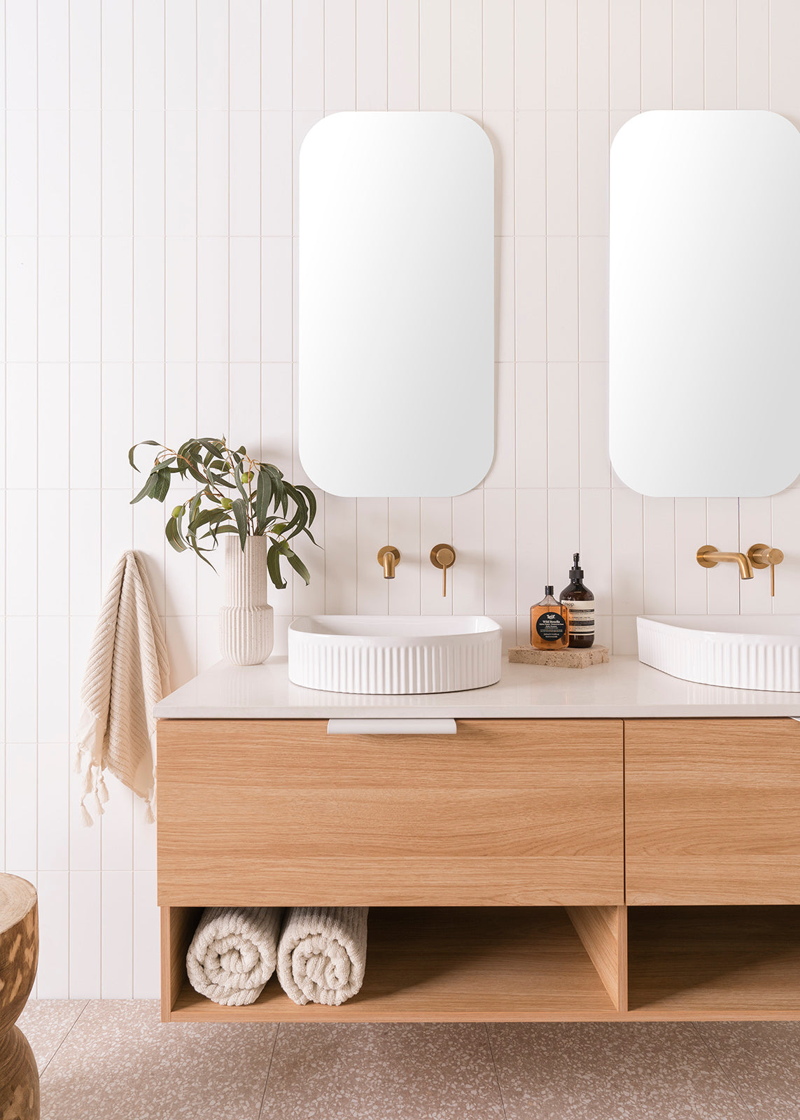 Glacier Pro Full depth, Shelf, Slim 1500 Double Bowl. Elegant Oak Woodmatt cabinet finish with Matte White Francis Handles. 20mm Organic White Caesarstone Benchtop and Arch Fluted Basins.