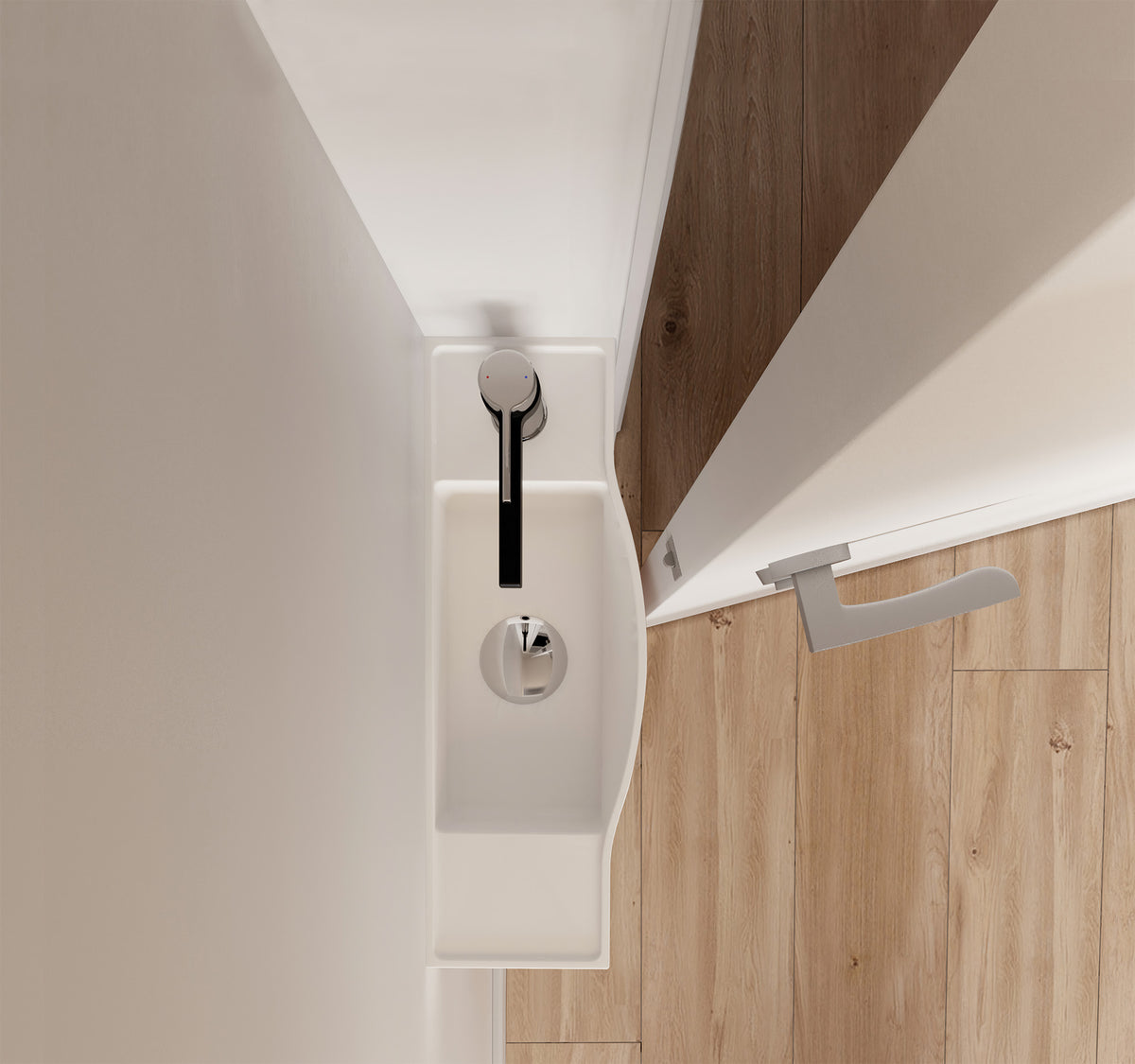 ADP Charlie vanity: Compact 160mm basin projection, available left or right hand tap hole. Cabinet projection 135mm and 450mm width.