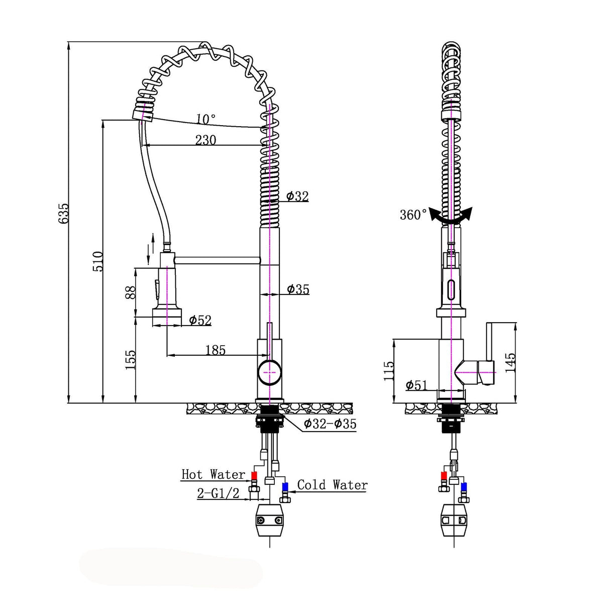 Carysil Tall Spring Pull Out Kitchen Sink Mixer Tap