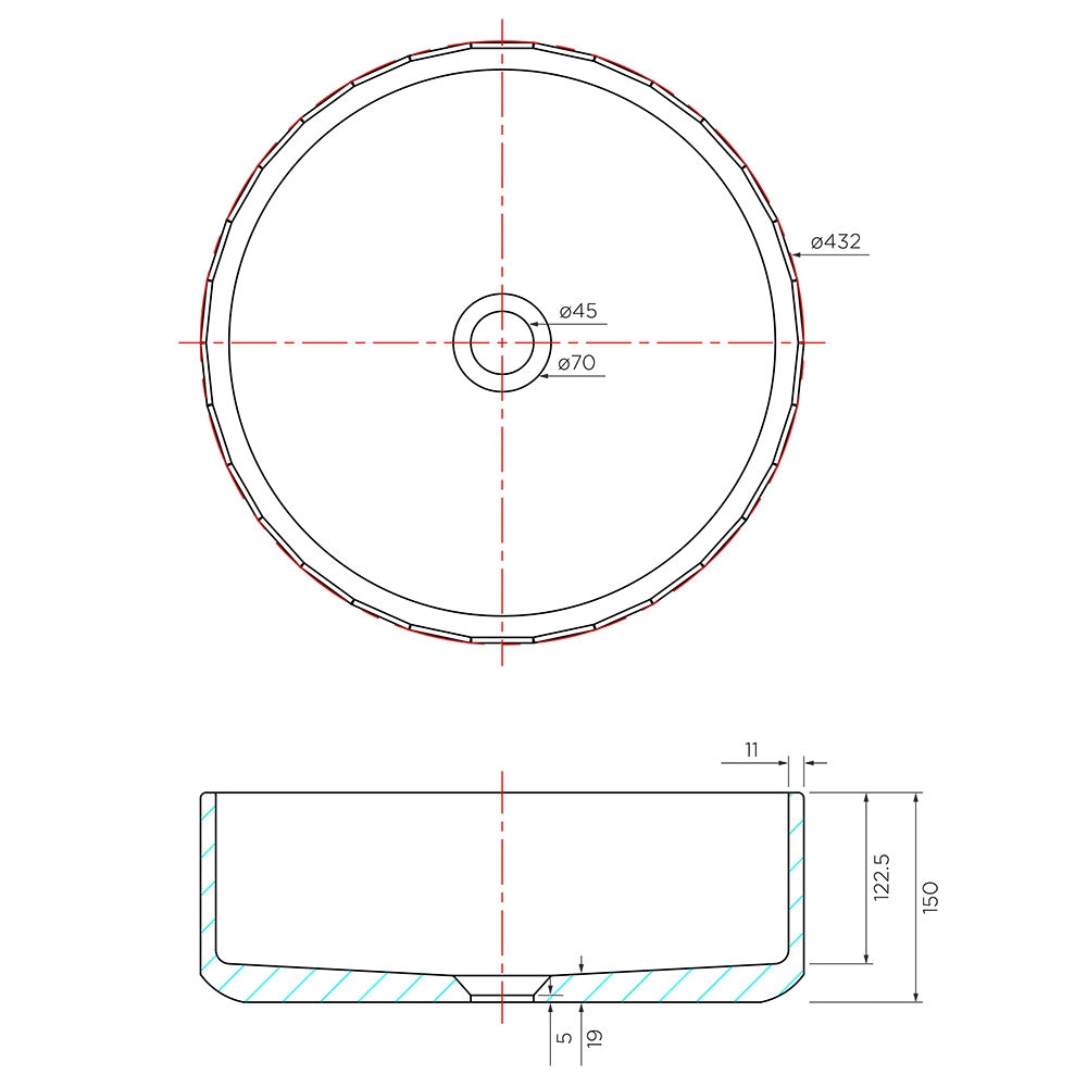 Arcisan Kasta-Lux FIC Above Counter 43cm Faceted Round Basin with Pop Up Waste