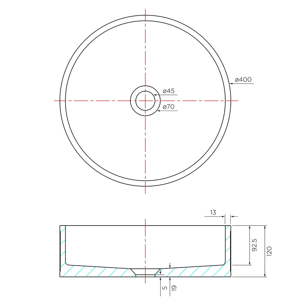 Arcisan Kasta-Lux FIC Above Counter 40cm Ribbed Round Basin with Pop Up Waste